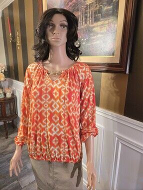Michael Kors Orange Ikat-Print Chain-Neck Blouse Y2k